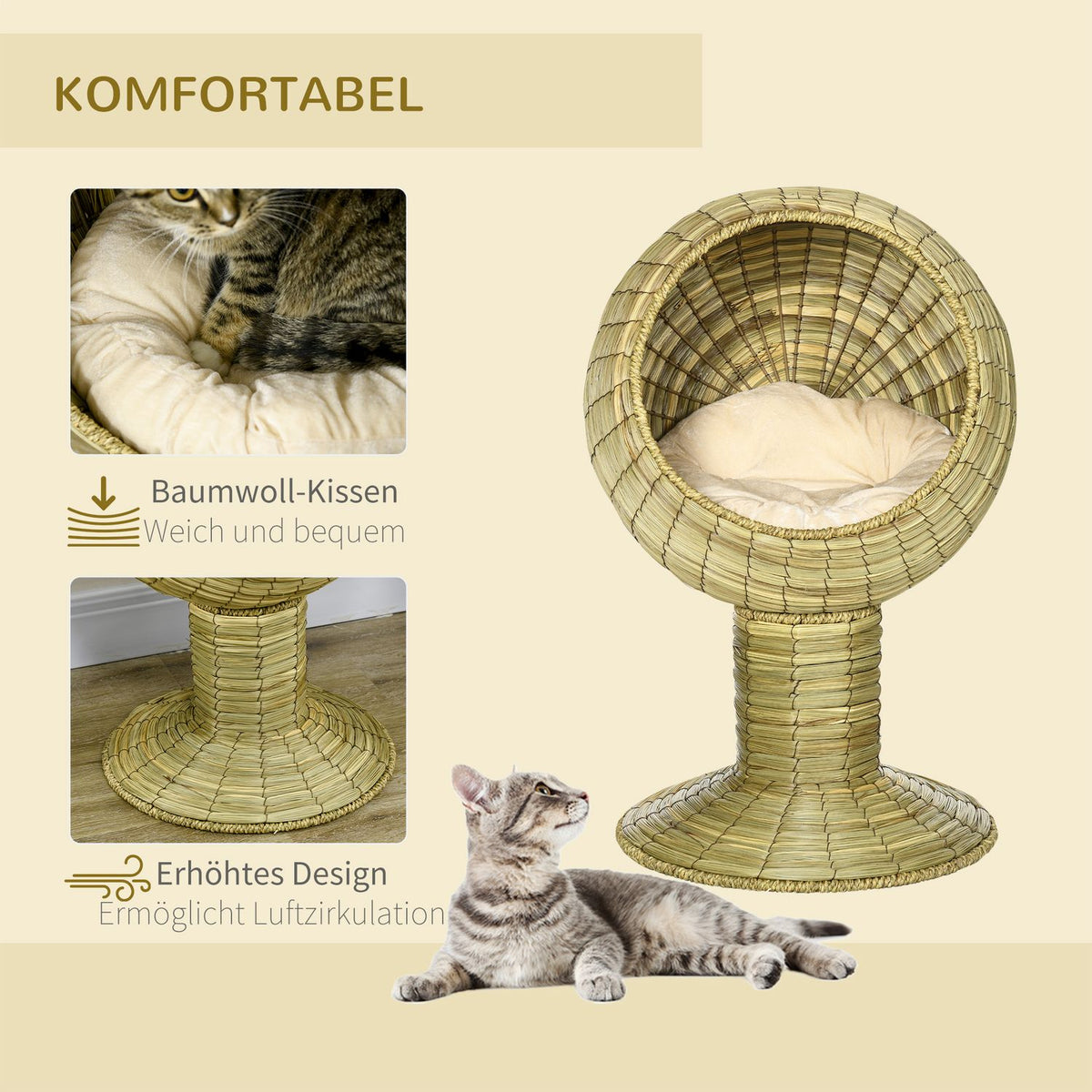 Cat Cave Modern Cat Basket With Cushion, Seagrass, Removable Base, For Living Room, 41X41X71.5Cm