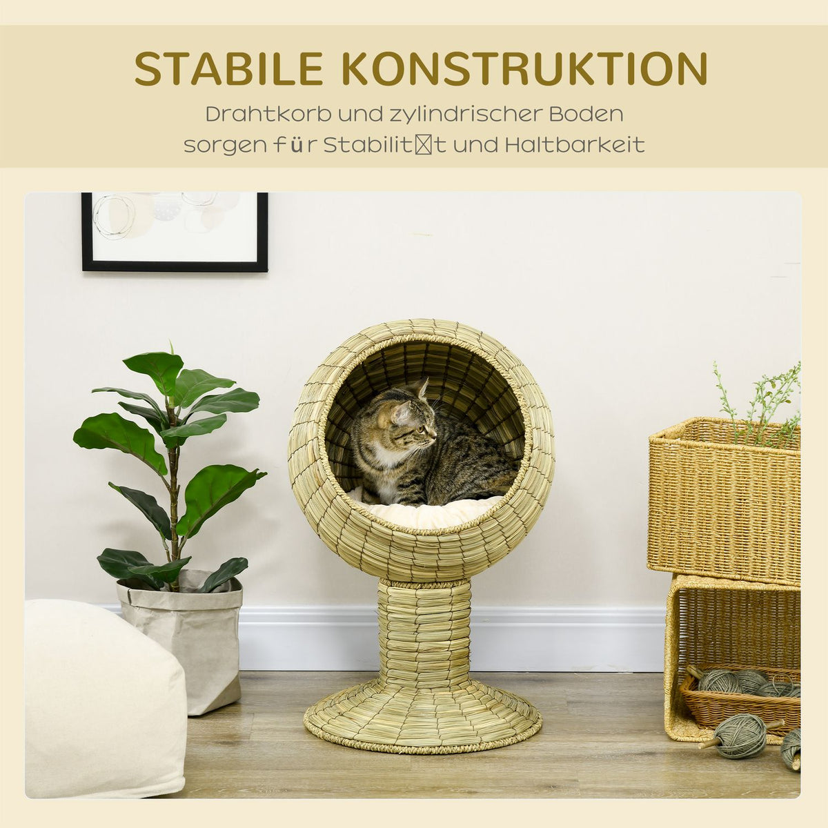 Cat Cave Modern Cat Basket With Cushion, Seagrass, Removable Base, For Living Room, 41X41X71.5Cm