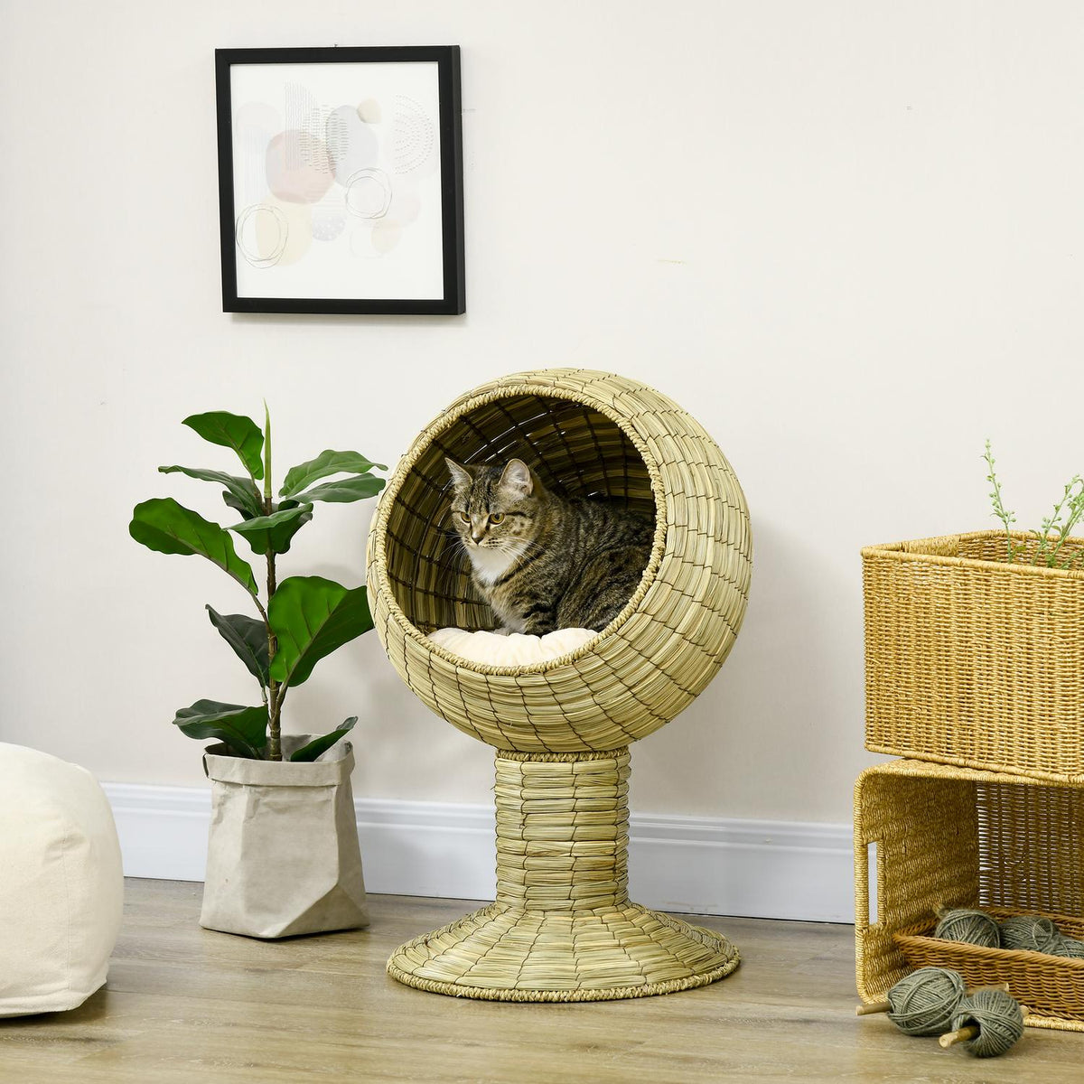 Cat Cave Modern Cat Basket With Cushion, Seagrass, Removable Base, For Living Room, 41X41X71.5Cm