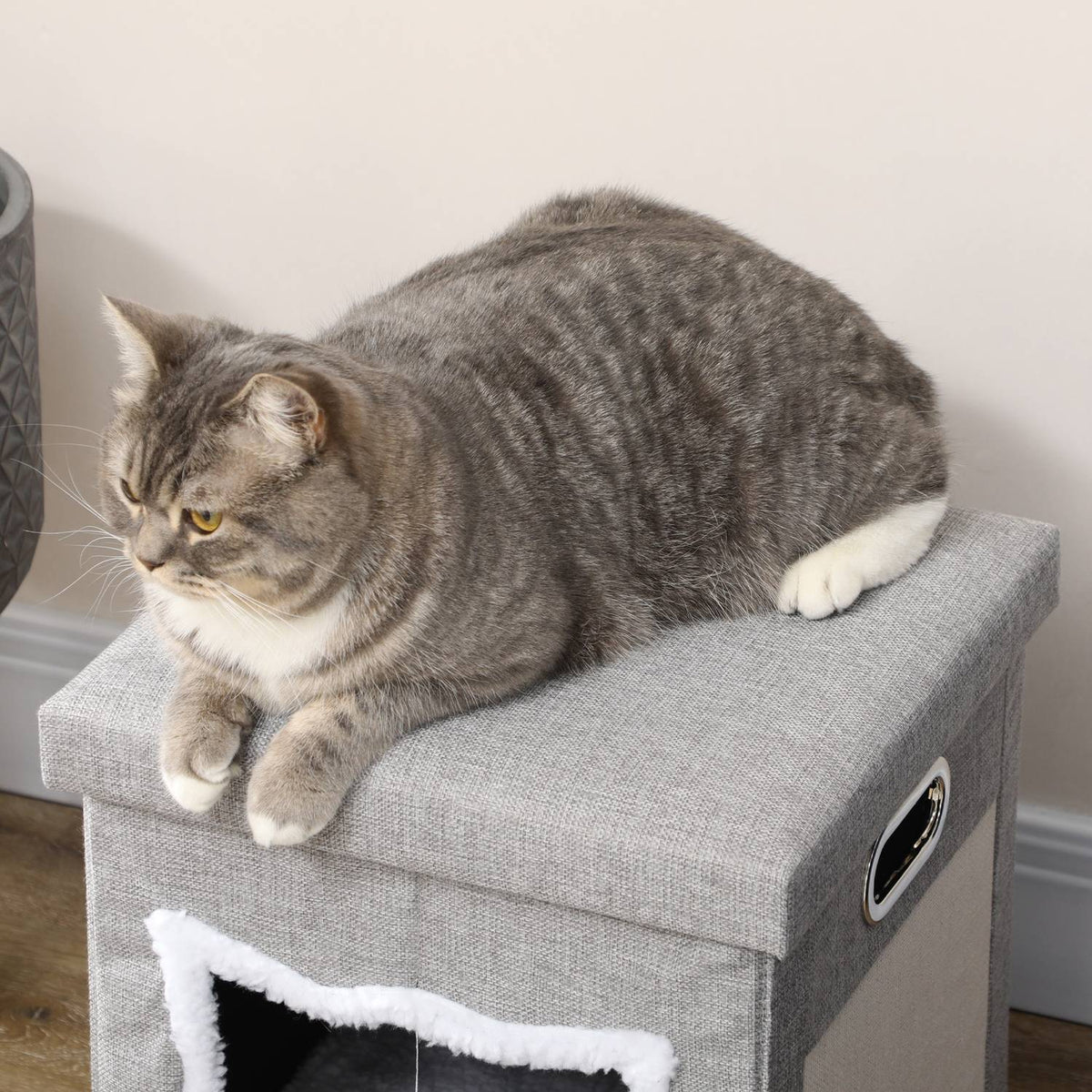 Cat Cave Ottoman With Cushion And Scratching Mat Play Ball Anti-Slip Gray Polyester For Cats