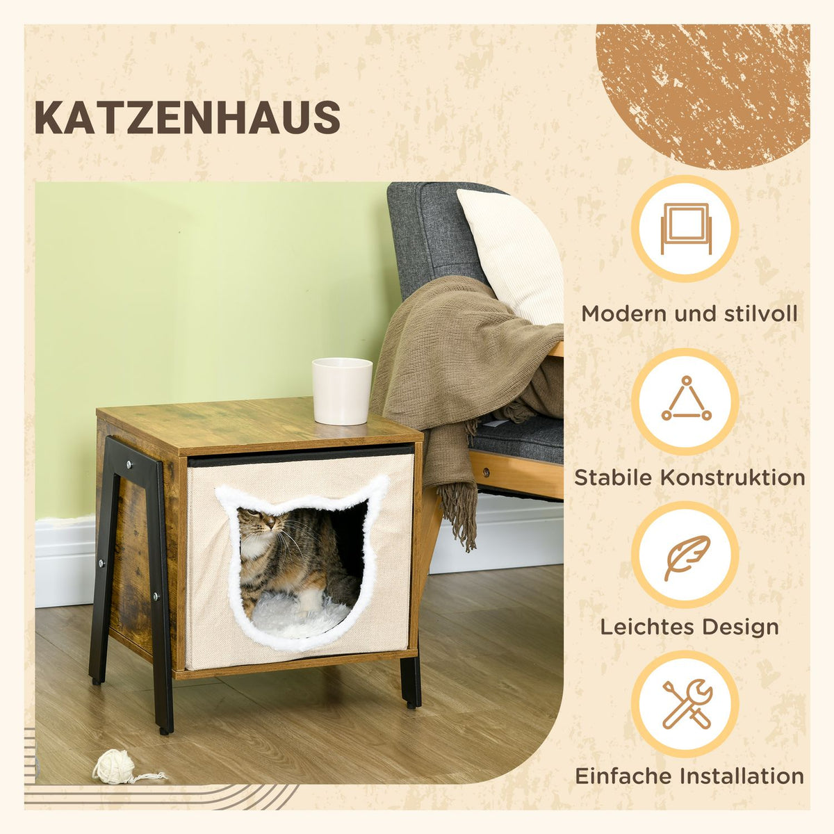 Cat Cave With Cushion And Adjustable Base Cat Bed For Up To 5 Kg, Steel & Linen, Rustic Brown