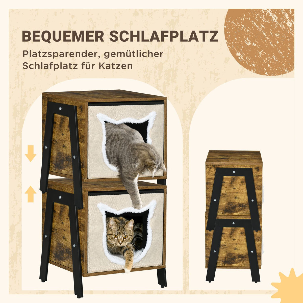 Cat Cave With Cushion And Adjustable Base Cat Bed For Up To 5 Kg, Steel & Linen, Rustic Brown