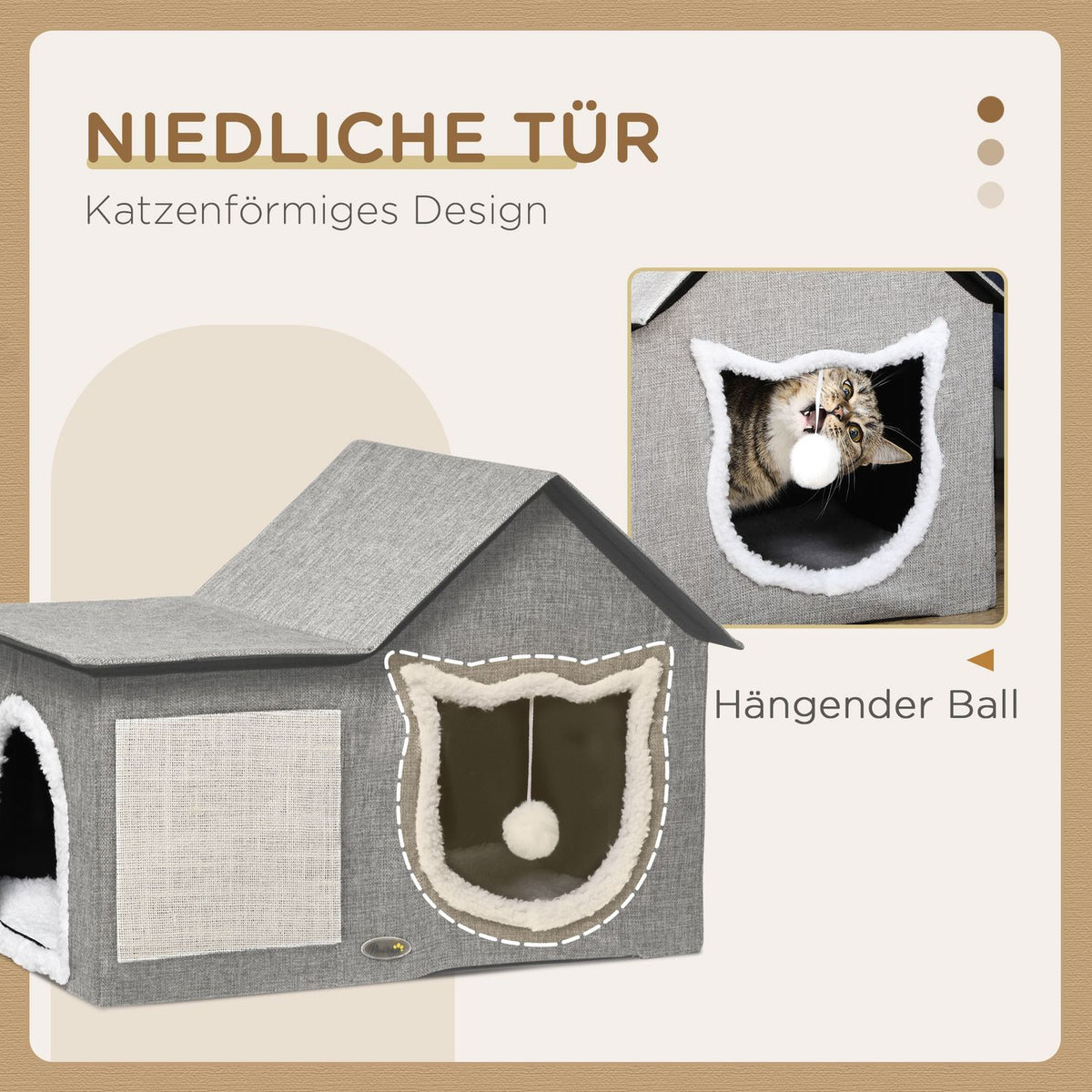 Cat Cave With Scratching Surface And Double Doors Cuddly Cave With Cushion & Toy Ball, Polyester, Grey