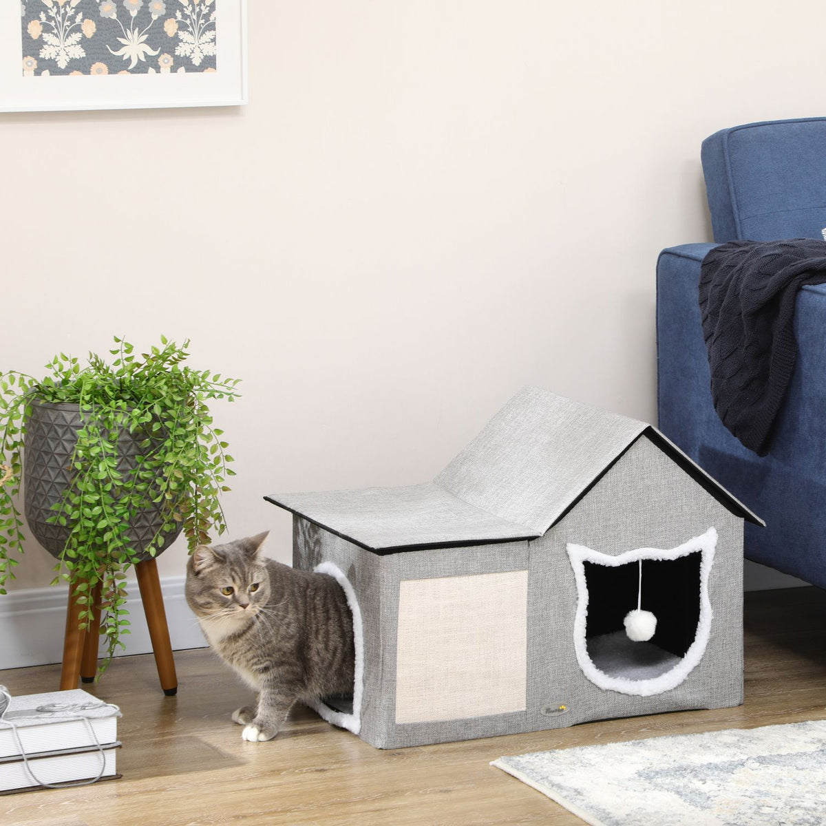 Cat Cave With Scratching Surface And Double Doors Cuddly Cave With Cushion & Toy Ball, Polyester, Grey