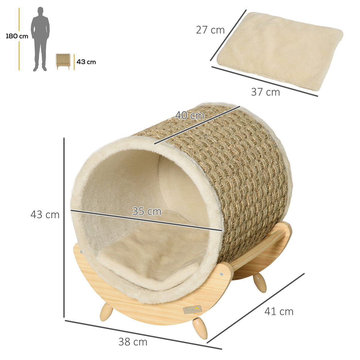 Cat Cave With Shelf Cat Bed, Scratching Pad, Pine Wood, Flannel, Khaki, Natural & Beige, 41X38X43Cm