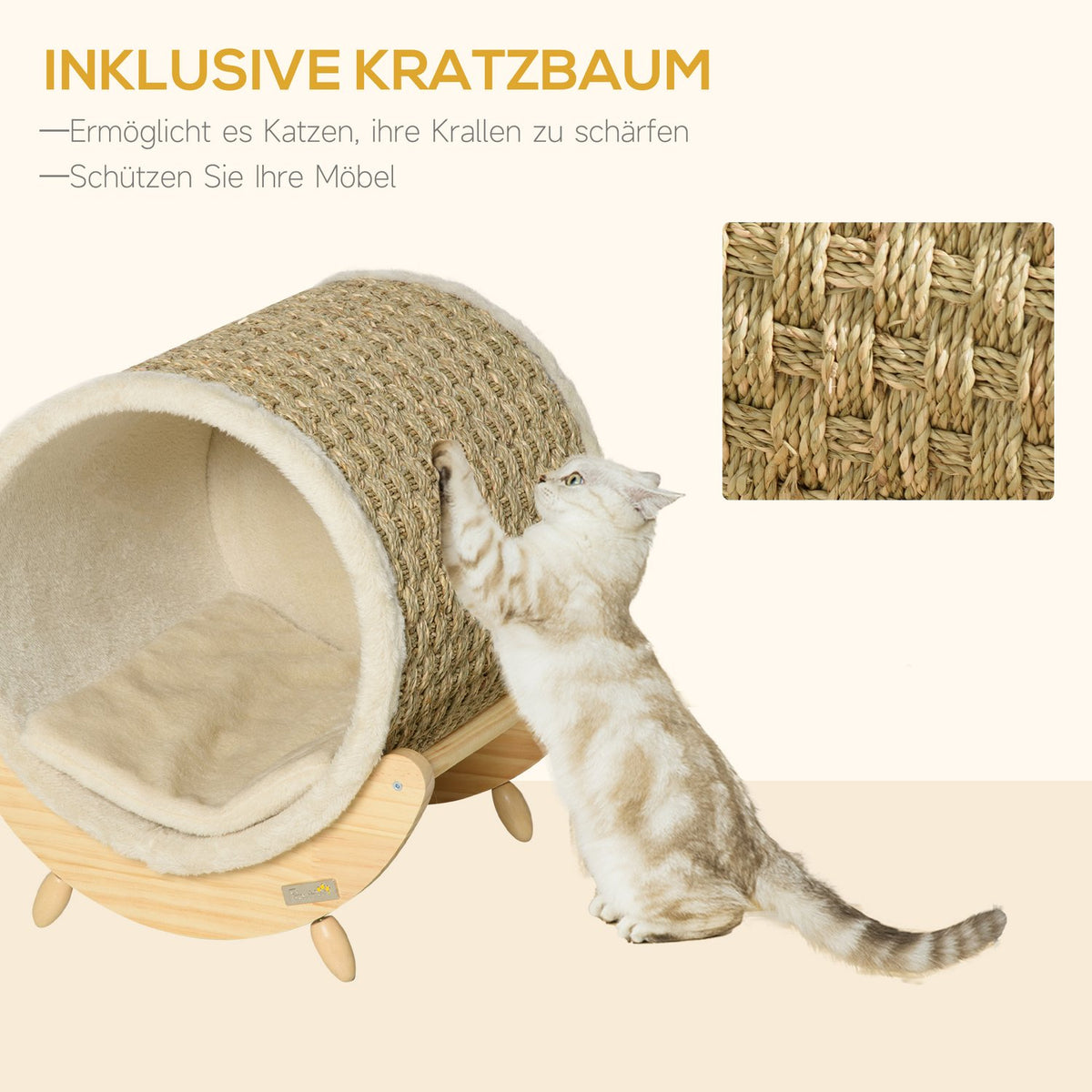Cat Cave With Shelf Cat Bed, Scratching Pad, Pine Wood, Flannel, Khaki, Natural & Beige, 41X38X43Cm