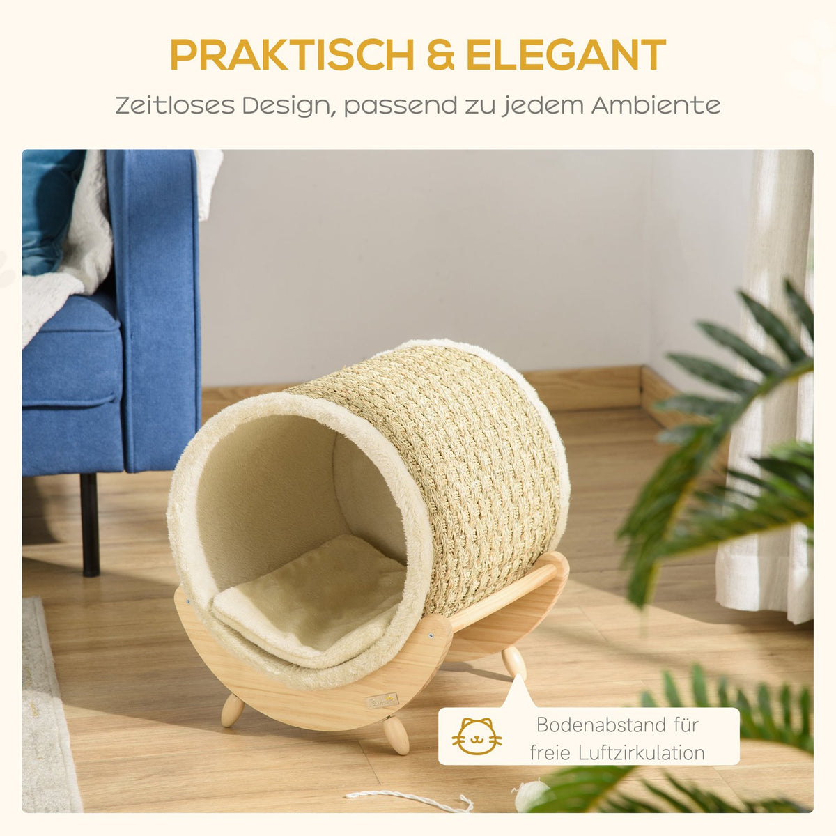 Cat Cave With Shelf Cat Bed, Scratching Pad, Pine Wood, Flannel, Khaki, Natural & Beige, 41X38X43Cm