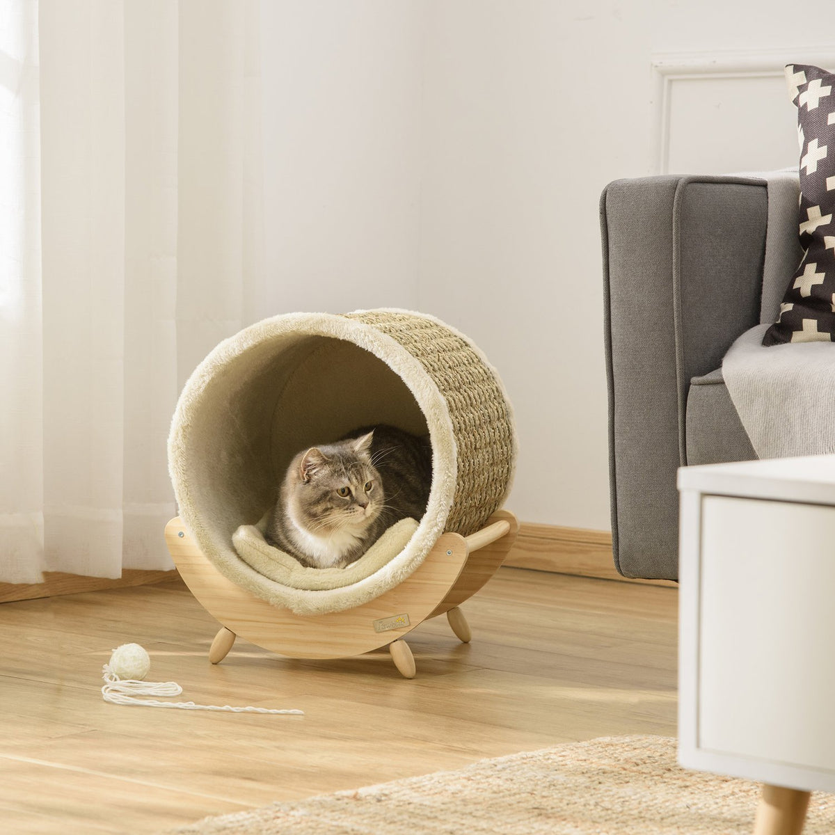 Cat Cave With Shelf Cat Bed, Scratching Pad, Pine Wood, Flannel, Khaki, Natural & Beige, 41X38X43Cm