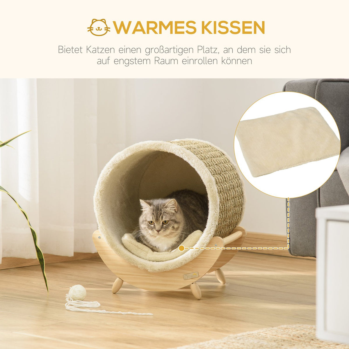 Cat Cave With Shelf Cat Bed, Scratching Pad, Pine Wood, Flannel, Khaki, Natural & Beige, 41X38X43Cm