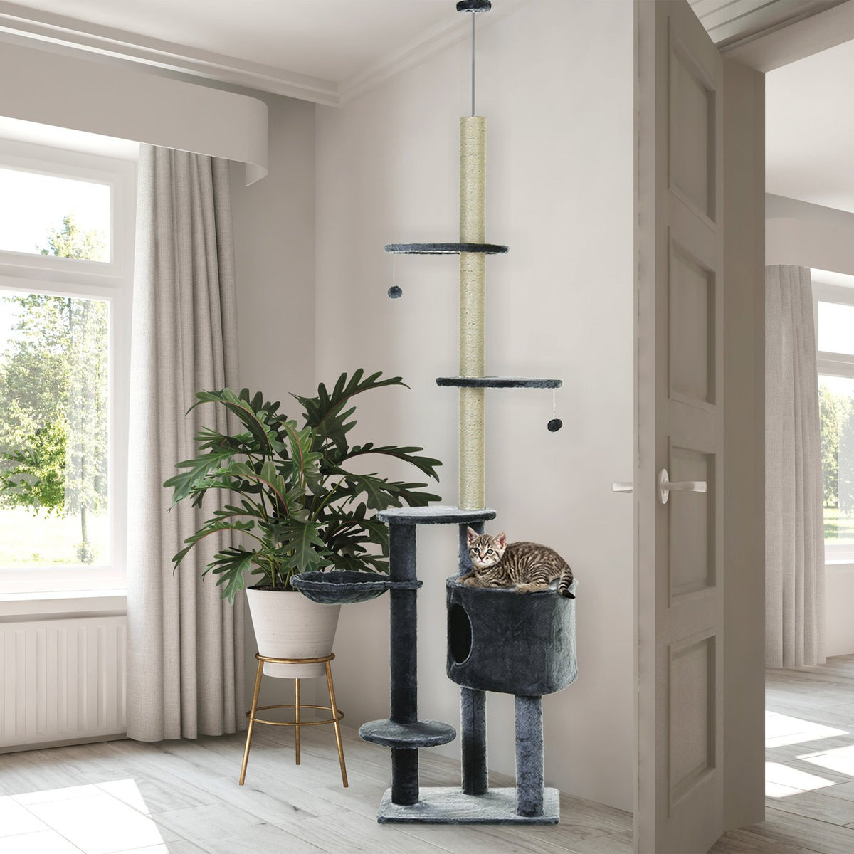 Cat Climbing Frame Ceiling High Scratching Post With Sisal Columns, 220-265Cm, Cat Climbing Tree, Dark Grey