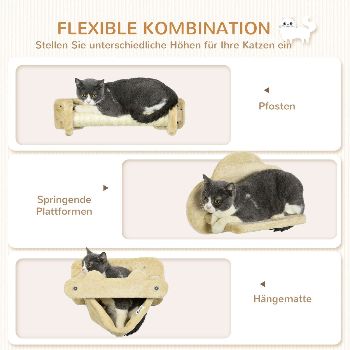 Cat Climbing Wall 5 Piece Set With Stairs, 2 Scratching Posts, Platforms, Hammock, Plush