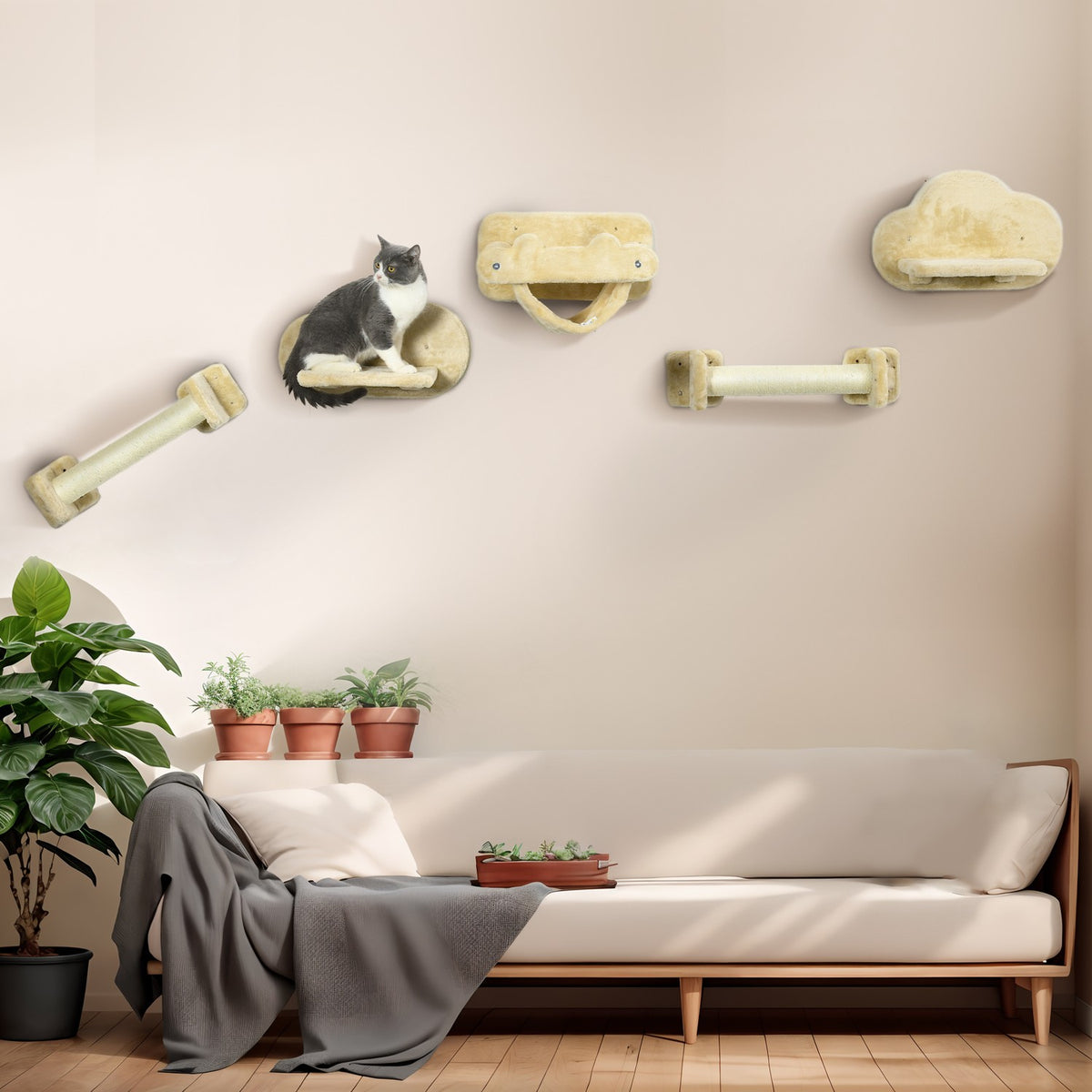 Cat Climbing Wall 5 Piece Set With Stairs, 2 Scratching Posts, Platforms, Hammock, Plush