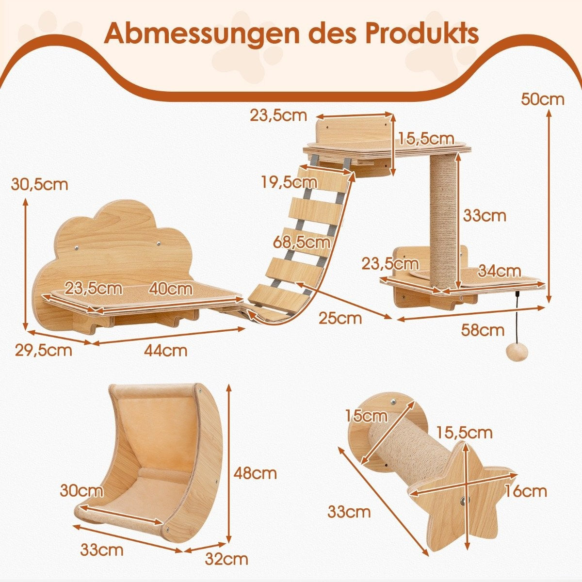 Cat Climbing Wall Set – 6 PCS, Hammock, Scratching Tree