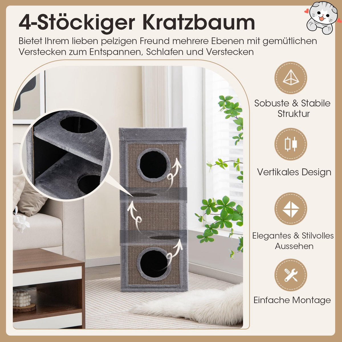 Cat Condo with 4 Levels, 99 cm, Sisal Scratch Posts