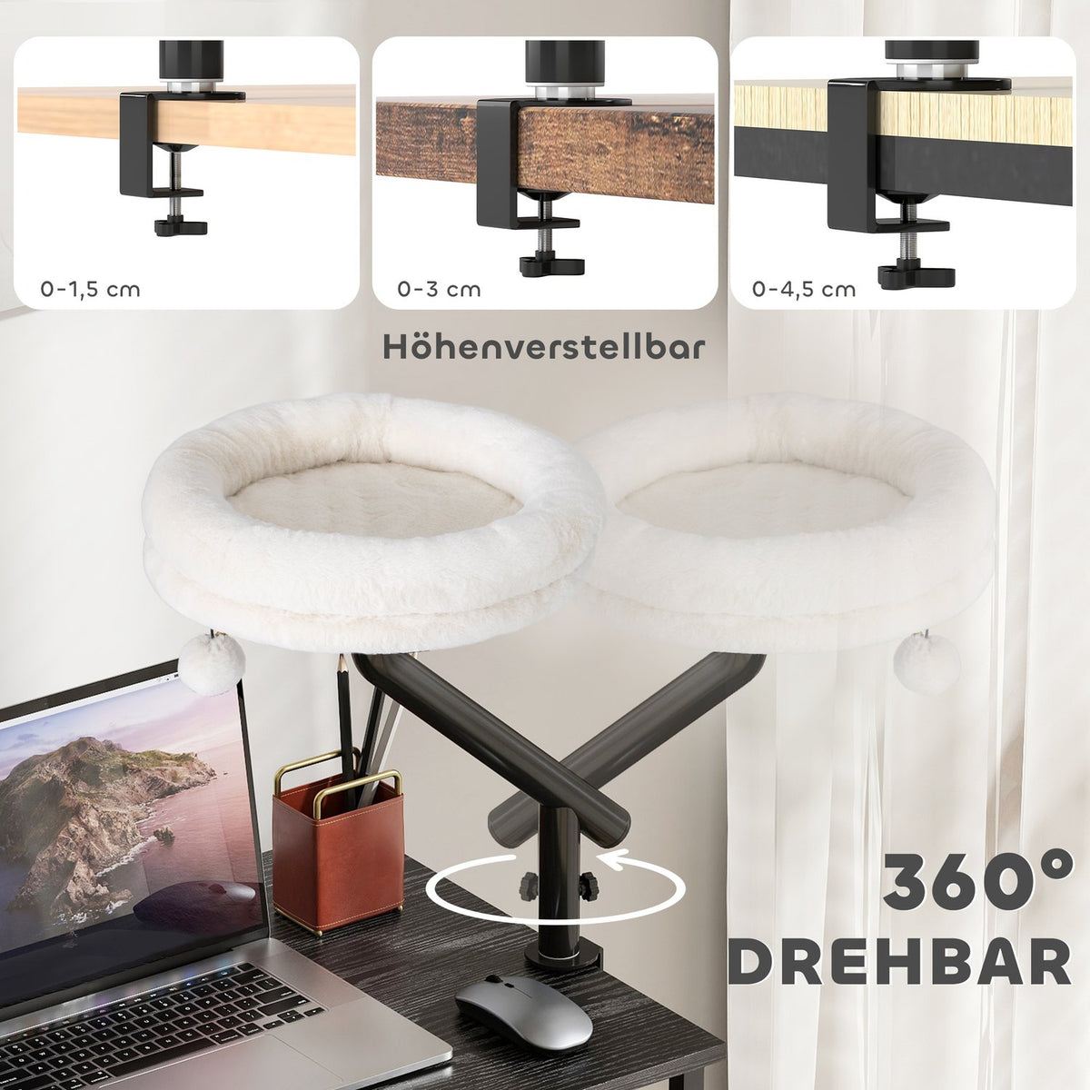 Cat Desk Bed, 360° Rotating, Adjustable Height, Cream