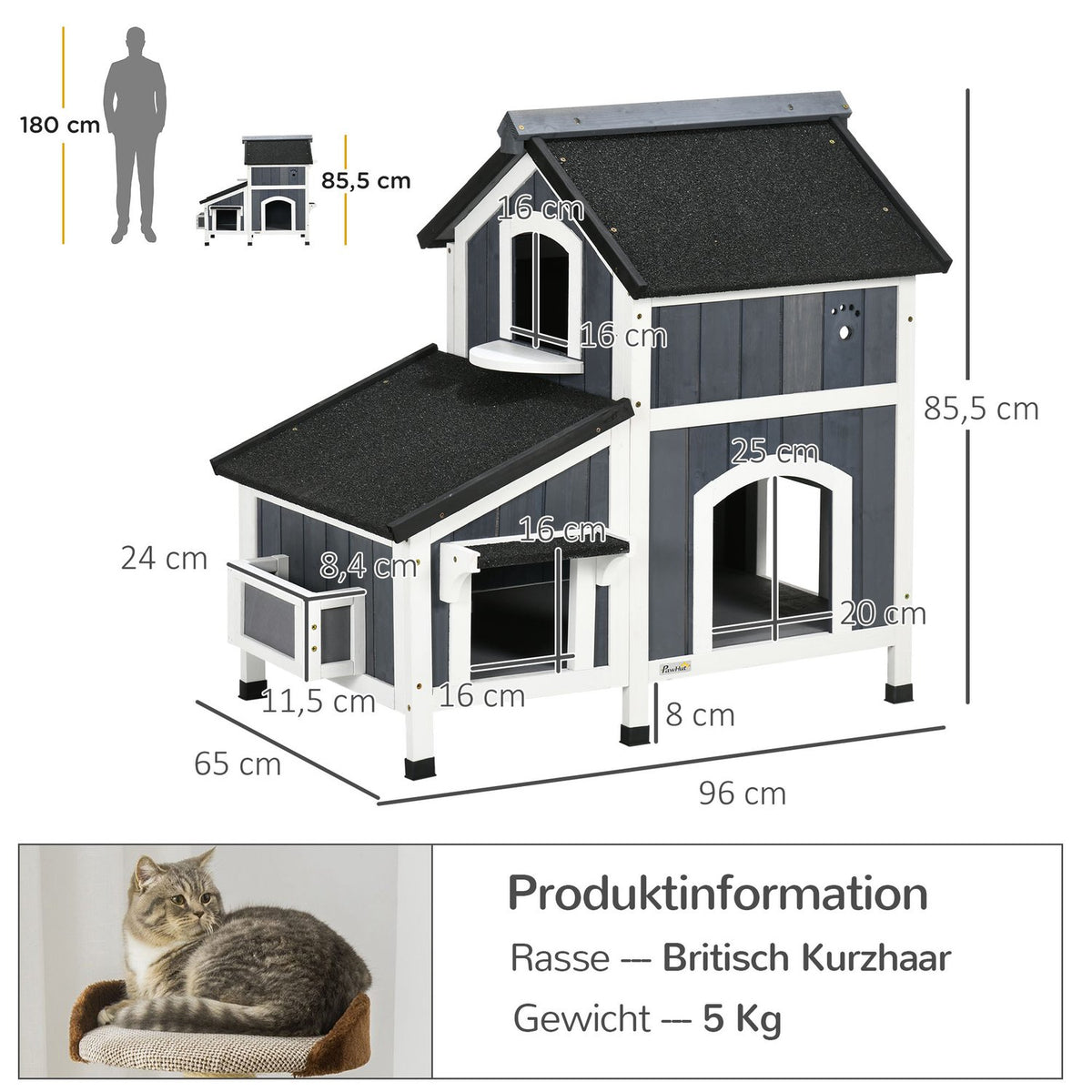 Cat House, Fir Wood, Cat House With Multiple Entrances, 2 Levels, Outdoor Cat Cave, Small Animal House With Asphalt Roof