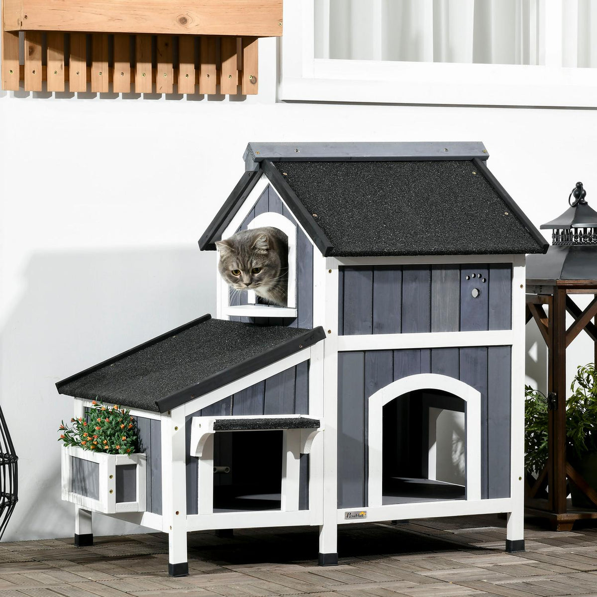 Cat House, Fir Wood, Cat House With Multiple Entrances, 2 Levels, Outdoor Cat Cave, Small Animal House With Asphalt Roof