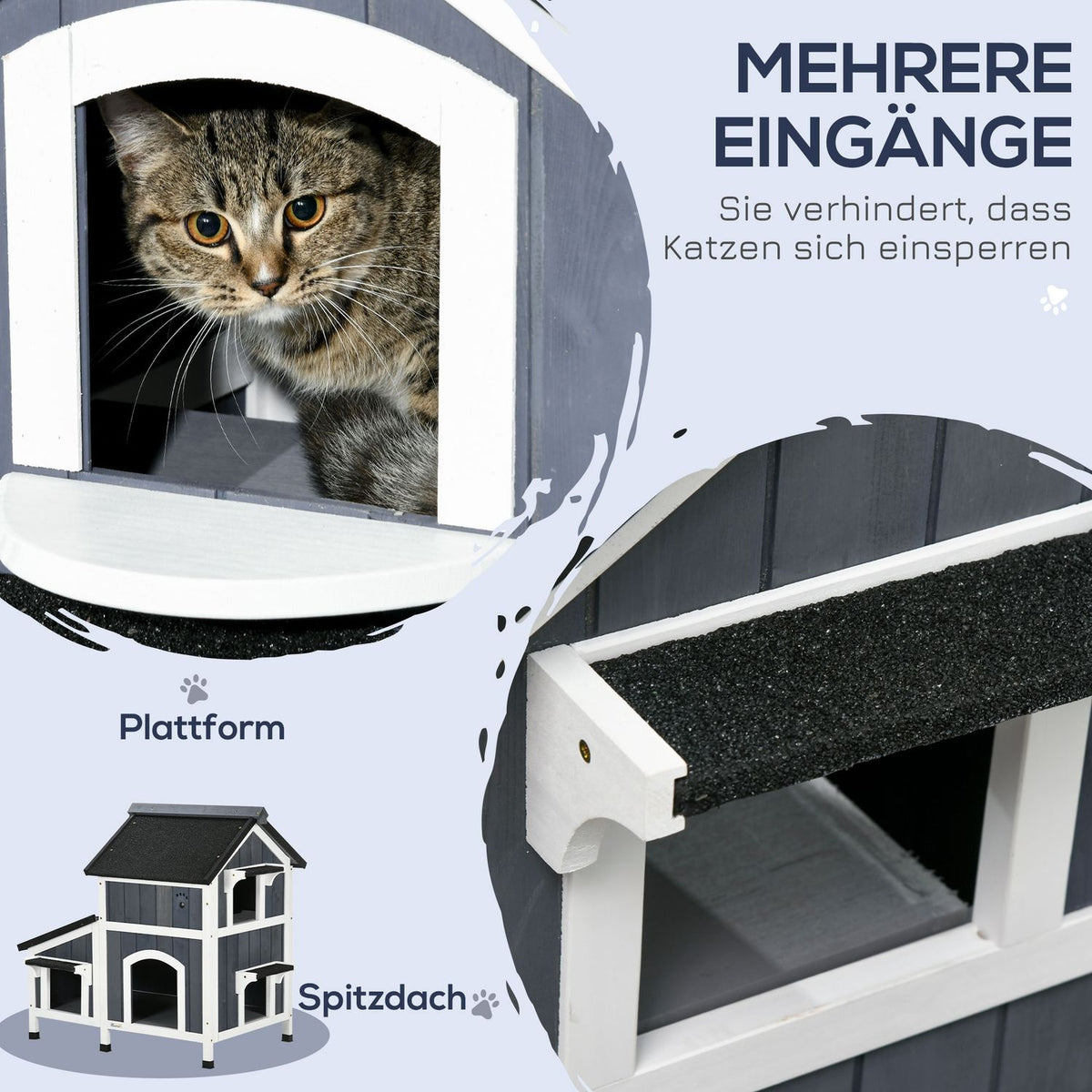 Cat House, Fir Wood, Cat House With Multiple Entrances, 2 Levels, Outdoor Cat Cave, Small Animal House With Asphalt Roof
