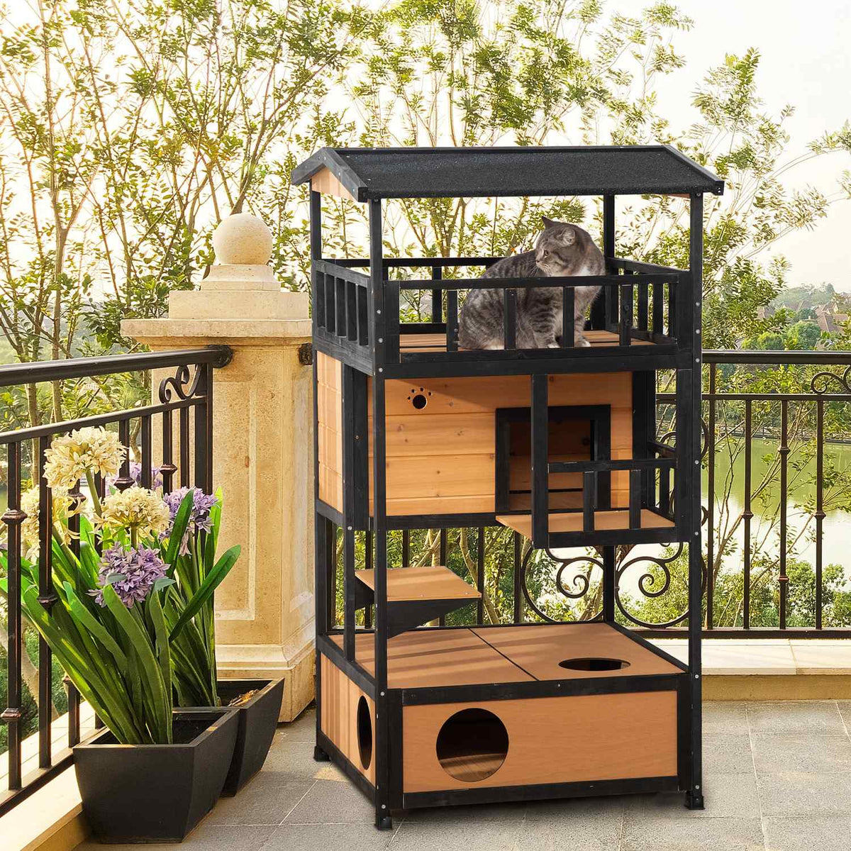 Cat House Fir Wood Cat Hut Outdoor Patio Cat Cave 4 Levels Stairs Asphalt Roof Winterproof Yellow 75.5X75X137Cm