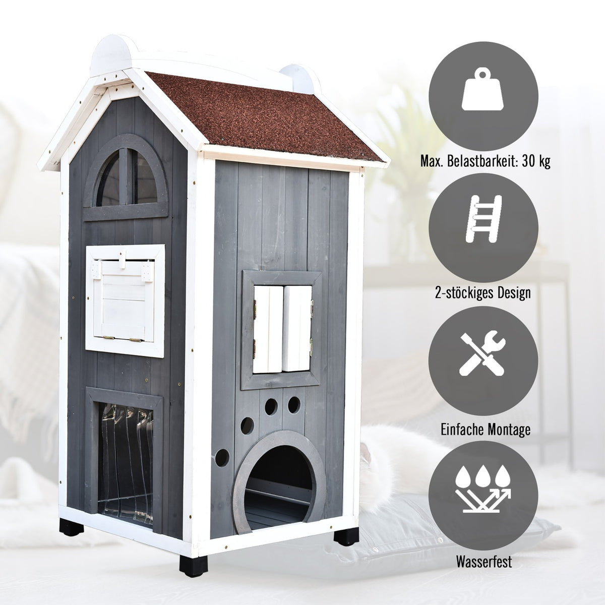 Cat House For Cat Bed Or Litter Tray Versatile Cat Cabinet, Fir Wood, Asphalt Roof, Gray, 59X55X109Cm