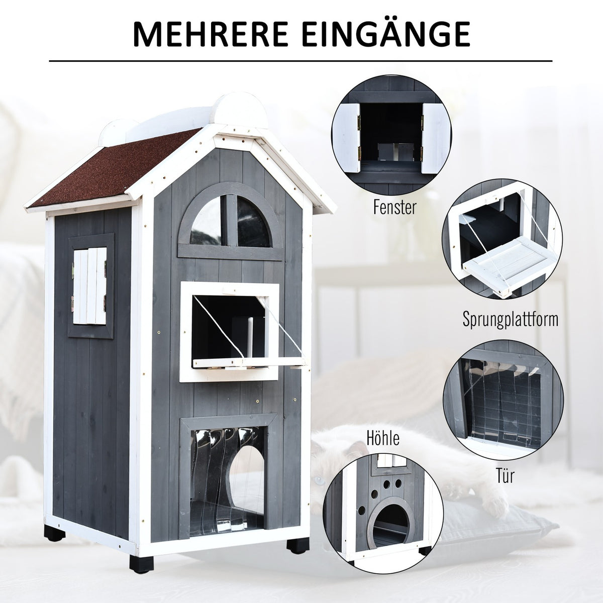 Cat House For Cat Bed Or Litter Tray Versatile Cat Cabinet, Fir Wood, Asphalt Roof, Gray, 59X55X109Cm