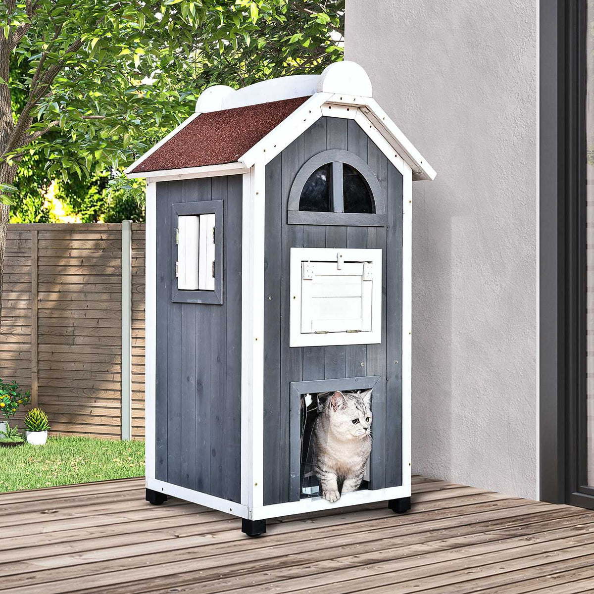 Cat House For Cat Bed Or Litter Tray Versatile Cat Cabinet, Fir Wood, Asphalt Roof, Gray, 59X55X109Cm
