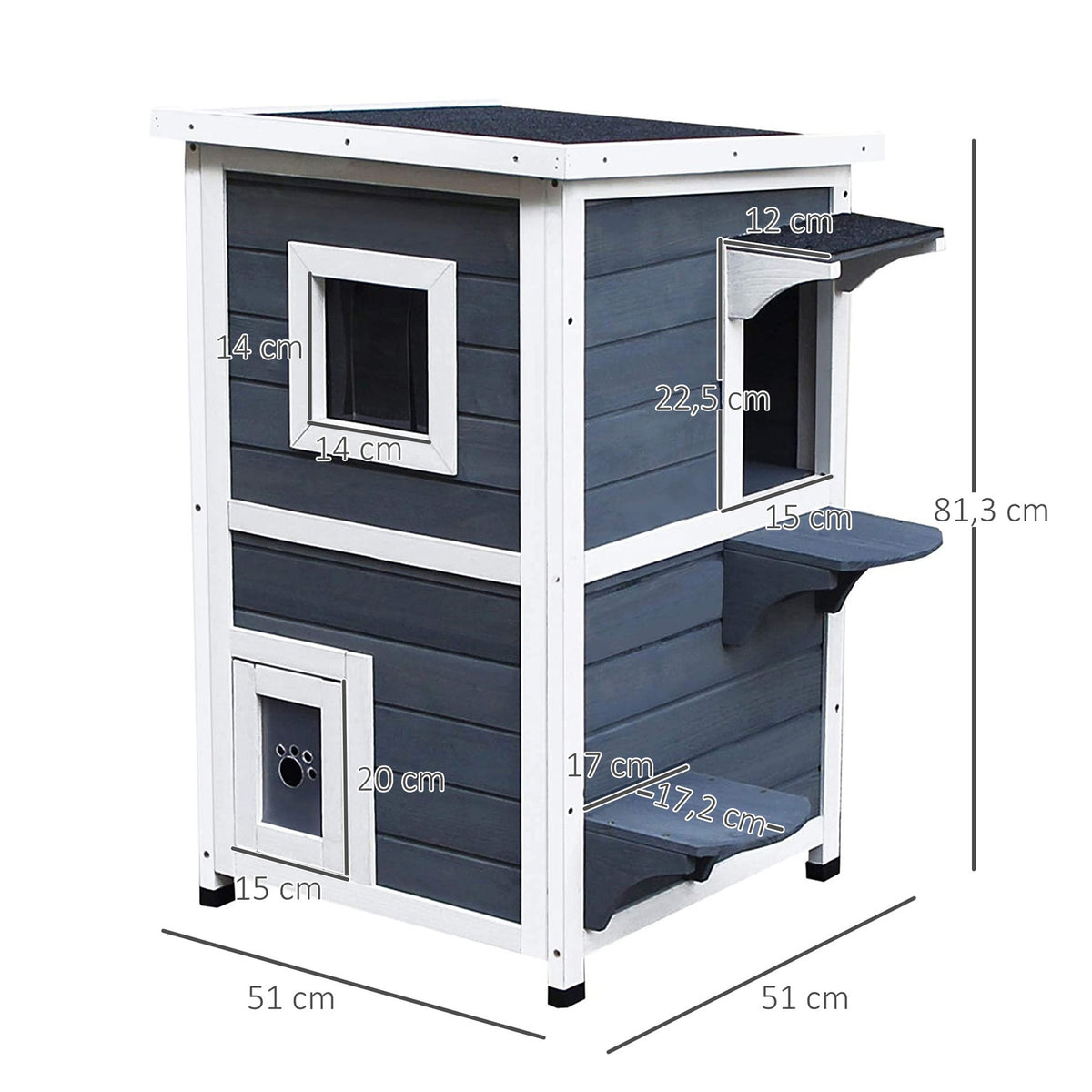 Cat House Gray 2 Level Cat Villa With Stairs, Asphalt Roof & Windows, Fir Wood, 51X51X81.3Cm