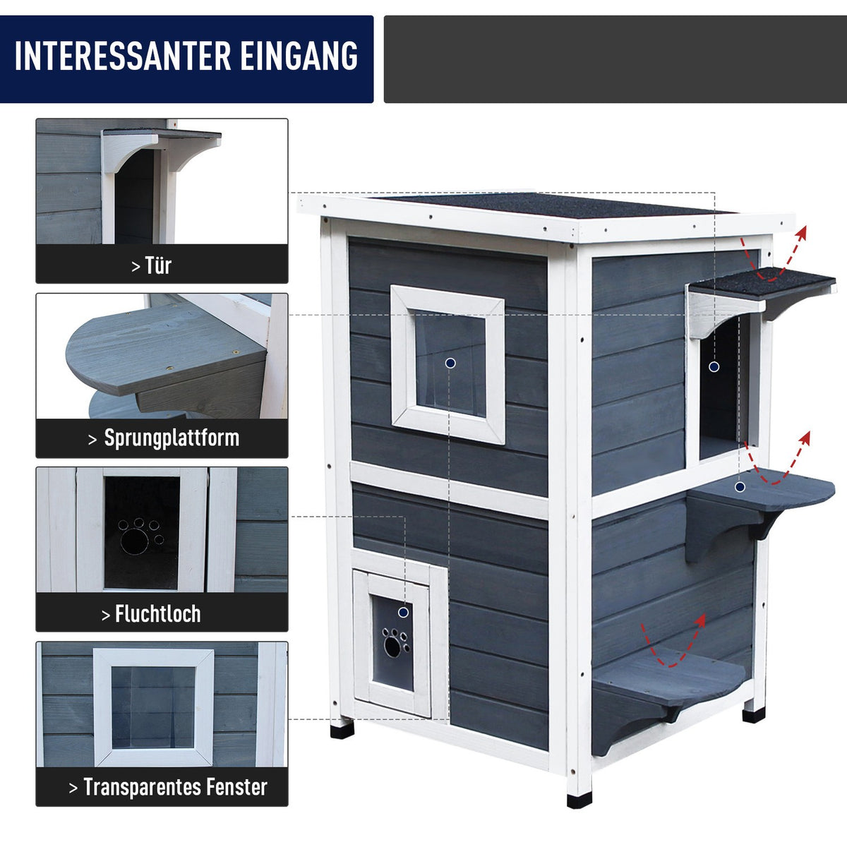 Cat House Gray 2 Level Cat Villa With Stairs, Asphalt Roof & Windows, Fir Wood, 51X51X81.3Cm
