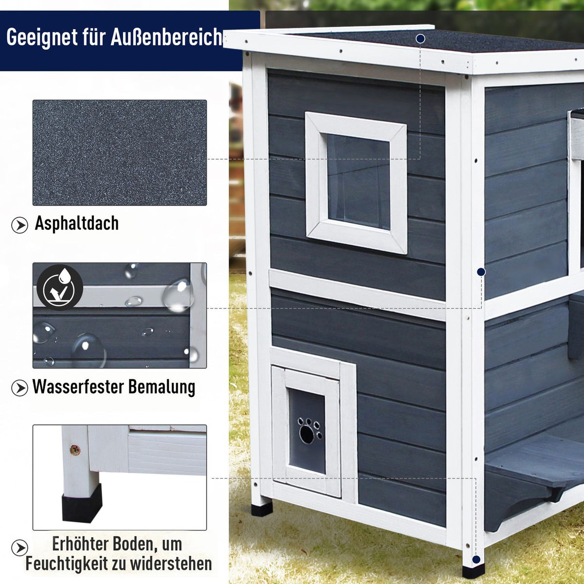 Cat House Gray 2 Level Cat Villa With Stairs, Asphalt Roof & Windows, Fir Wood, 51X51X81.3Cm