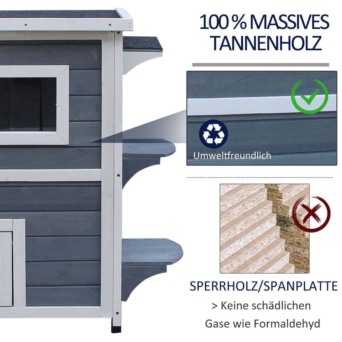 Cat House Gray 2 Level Cat Villa With Stairs, Asphalt Roof & Windows, Fir Wood, 51X51X81.3Cm