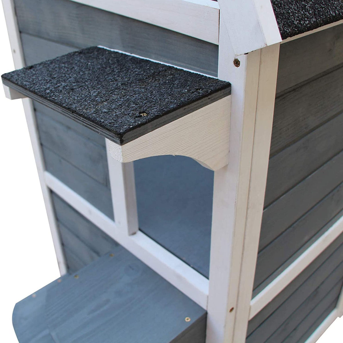 Cat House Gray 2 Level Cat Villa With Stairs, Asphalt Roof & Windows, Fir Wood, 51X51X81.3Cm