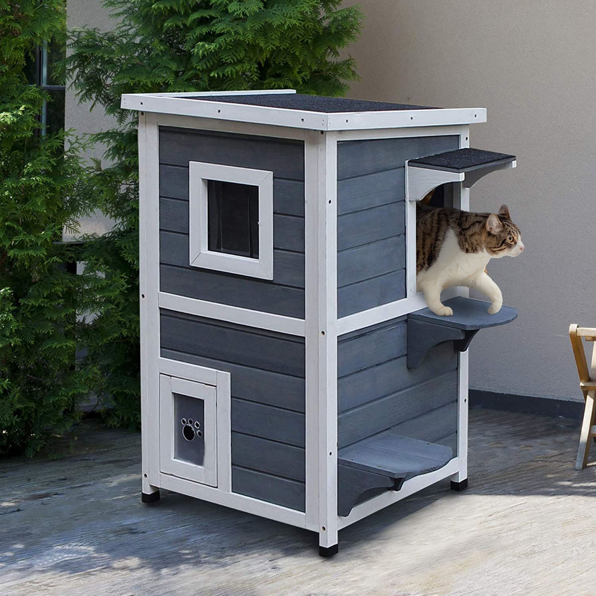 Cat House Gray 2 Level Cat Villa With Stairs, Asphalt Roof & Windows, Fir Wood, 51X51X81.3Cm