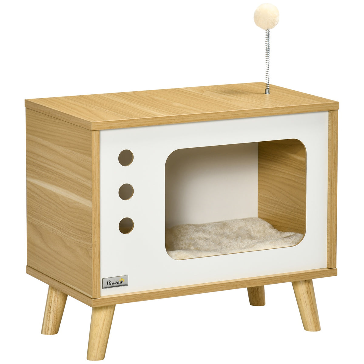 Cat House In Tv Design, Play Ball & Cushion Included, Cat Basket, Oak/Beige/White, 50X28X43Cm