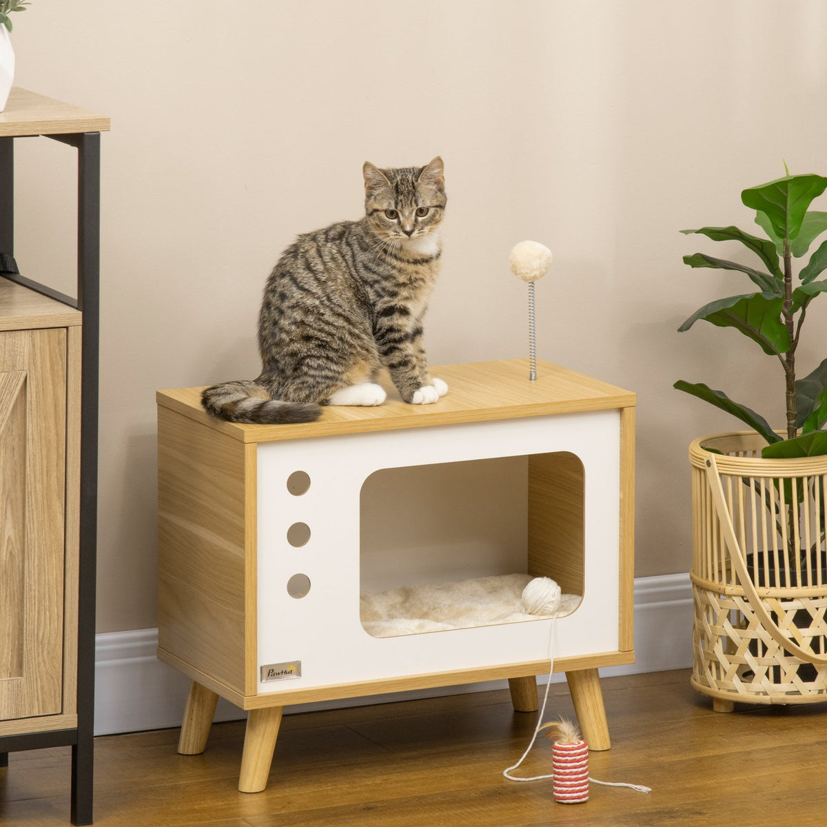 Cat House In Tv Design, Play Ball & Cushion Included, Cat Basket, Oak/Beige/White, 50X28X43Cm