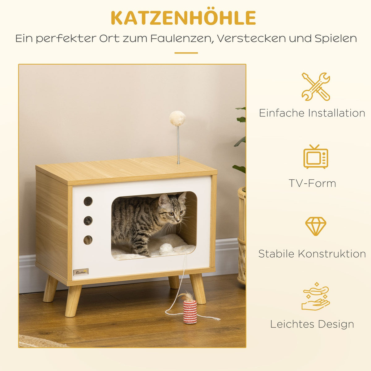 Cat House In Tv Design, Play Ball & Cushion Included, Cat Basket, Oak/Beige/White, 50X28X43Cm