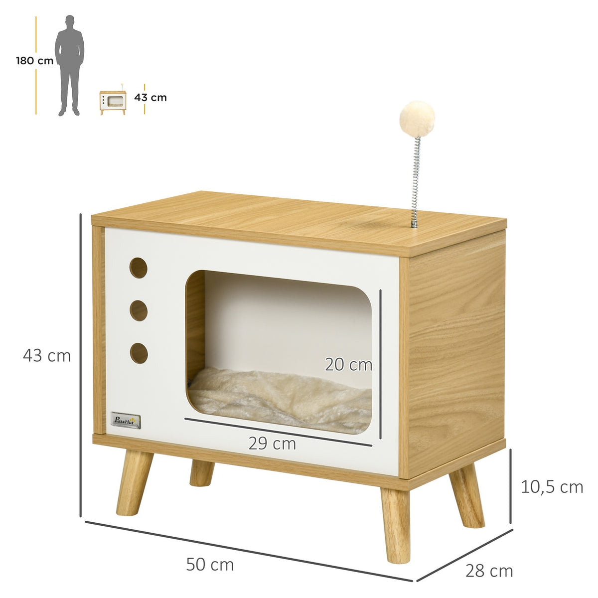 Cat House In Tv Design, Play Ball & Cushion Included, Cat Basket, Oak/Beige/White, 50X28X43Cm