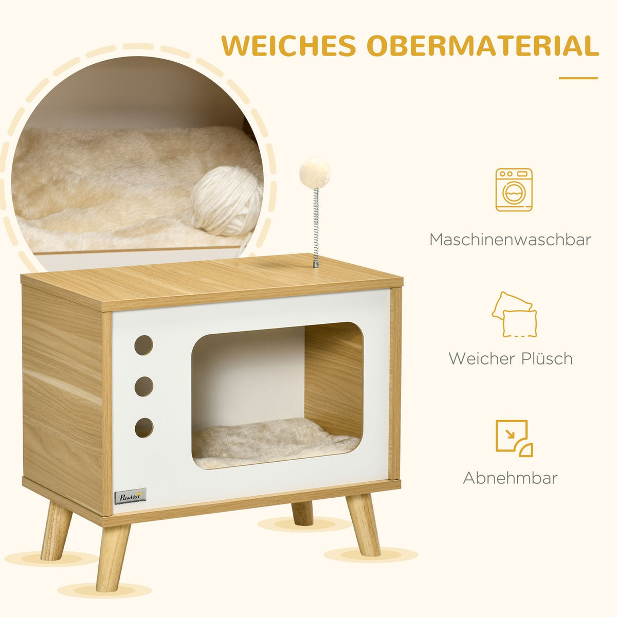 Cat House In Tv Design, Play Ball & Cushion Included, Cat Basket, Oak/Beige/White, 50X28X43Cm