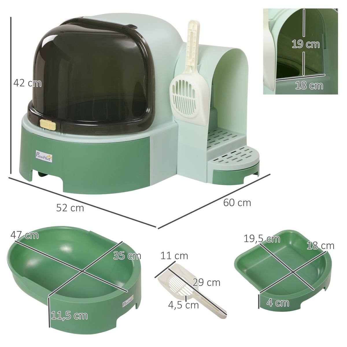 Cat House Litter Tray 2 Pull-Out Floor Trays Hood Shovel For Large Cats Green 52X60X42Cm