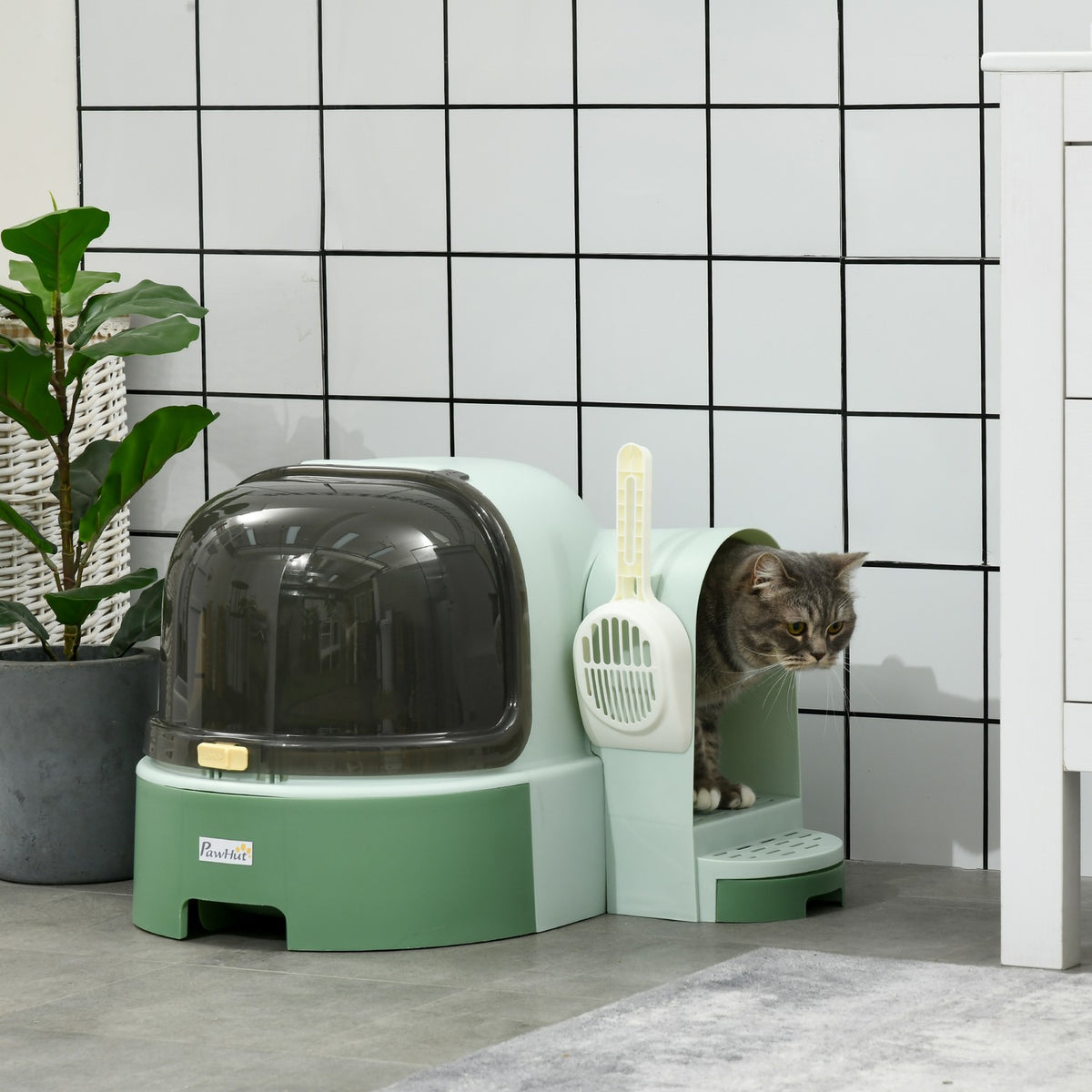 Cat House Litter Tray 2 Pull-Out Floor Trays Hood Shovel For Large Cats Green 52X60X42Cm