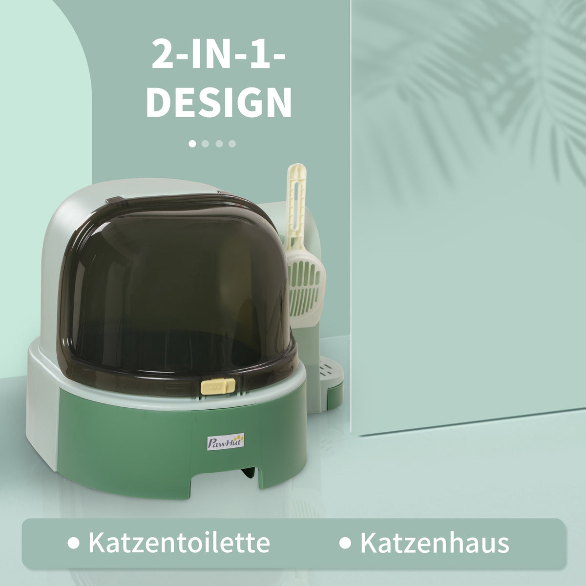 Cat House Litter Tray 2 Pull-Out Floor Trays Hood Shovel For Large Cats Green 52X60X42Cm