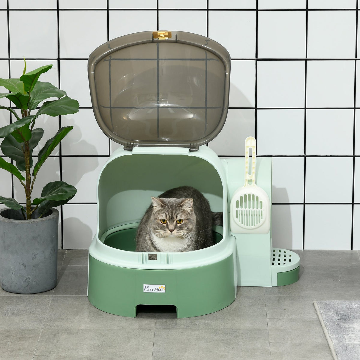 Cat House Litter Tray 2 Pull-Out Floor Trays Hood Shovel For Large Cats Green 52X60X42Cm