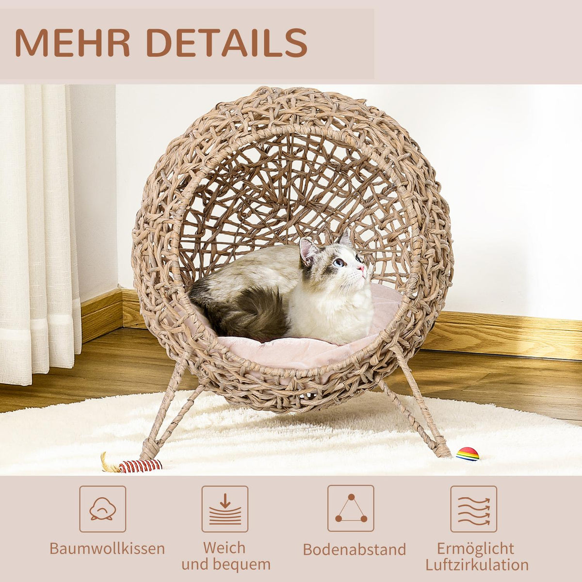 Cat House Made Of Pe Rattan With Cushions, Cat Sleeping Area, Cat Cave With Raised Feet, Natural, Ø52 X 58 Cm