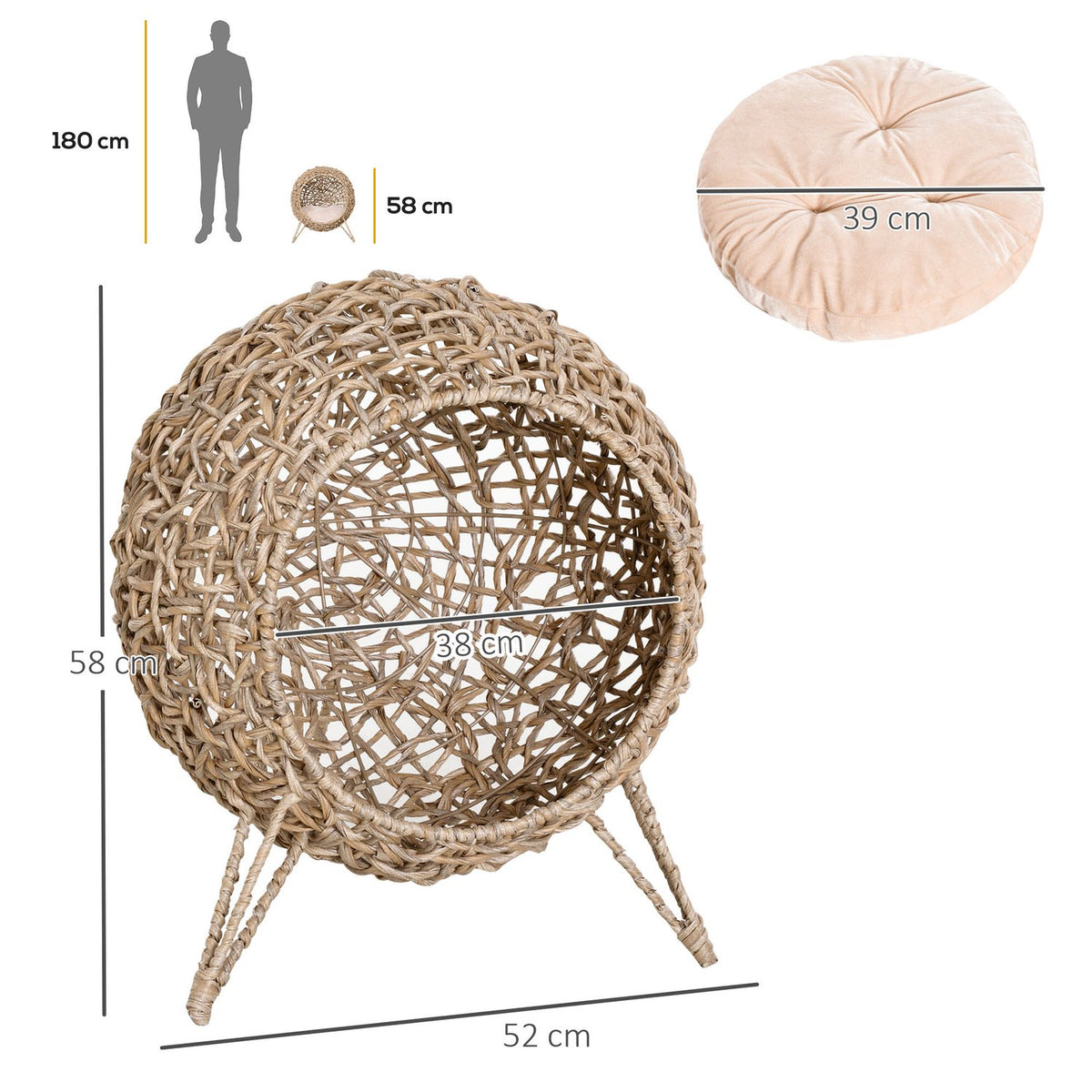 Cat House Made Of Pe Rattan With Cushions, Cat Sleeping Area, Cat Cave With Raised Feet, Natural, Ø52 X 58 Cm