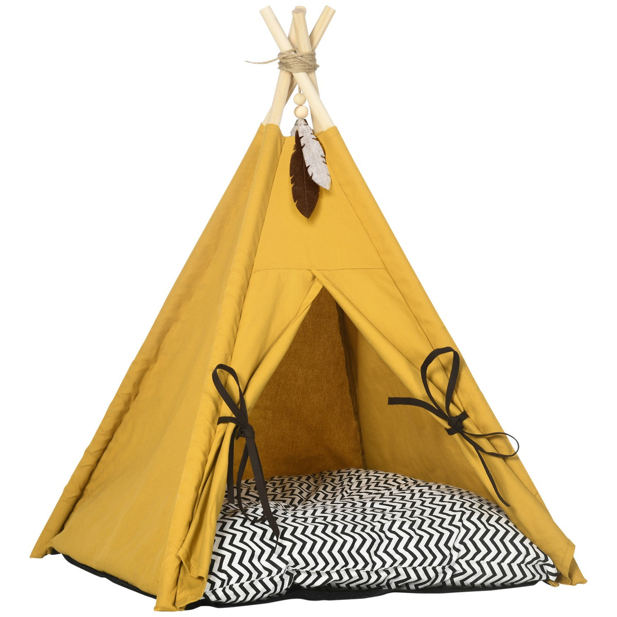 Cat House Tipi Tent Dog Bed With Cushion Non-Slip With Play Ball Made Of Pine Wood Indoor In Yellow