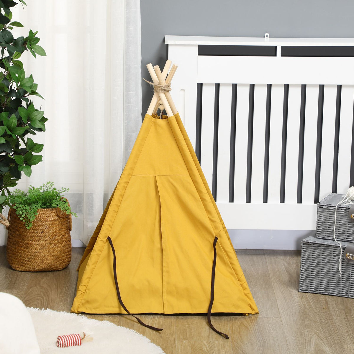 Cat House Tipi Tent Dog Bed With Cushion Non-Slip With Play Ball Made Of Pine Wood Indoor In Yellow