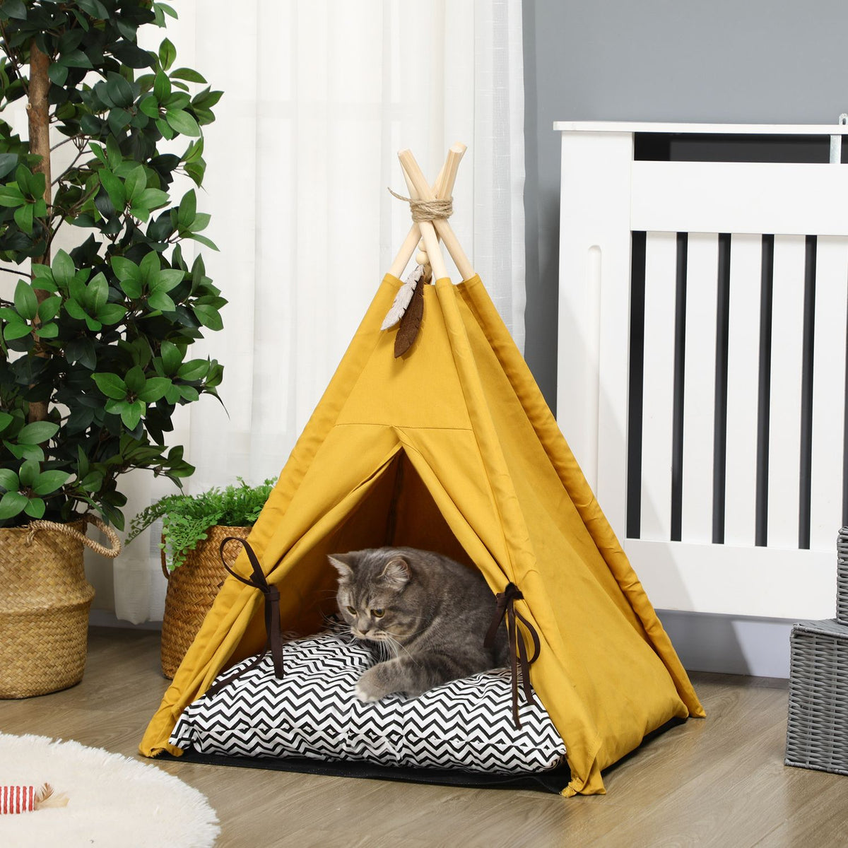 Cat House Tipi Tent Dog Bed With Cushion Non-Slip With Play Ball Made Of Pine Wood Indoor In Yellow