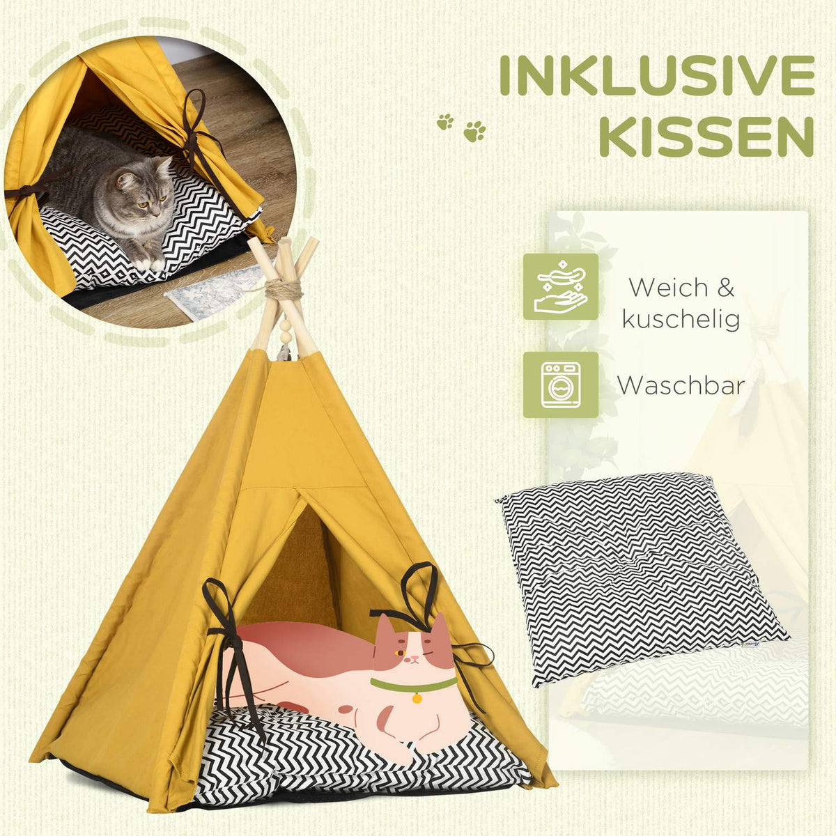 Cat House Tipi Tent Dog Bed With Cushion Non-Slip With Play Ball Made Of Pine Wood Indoor In Yellow
