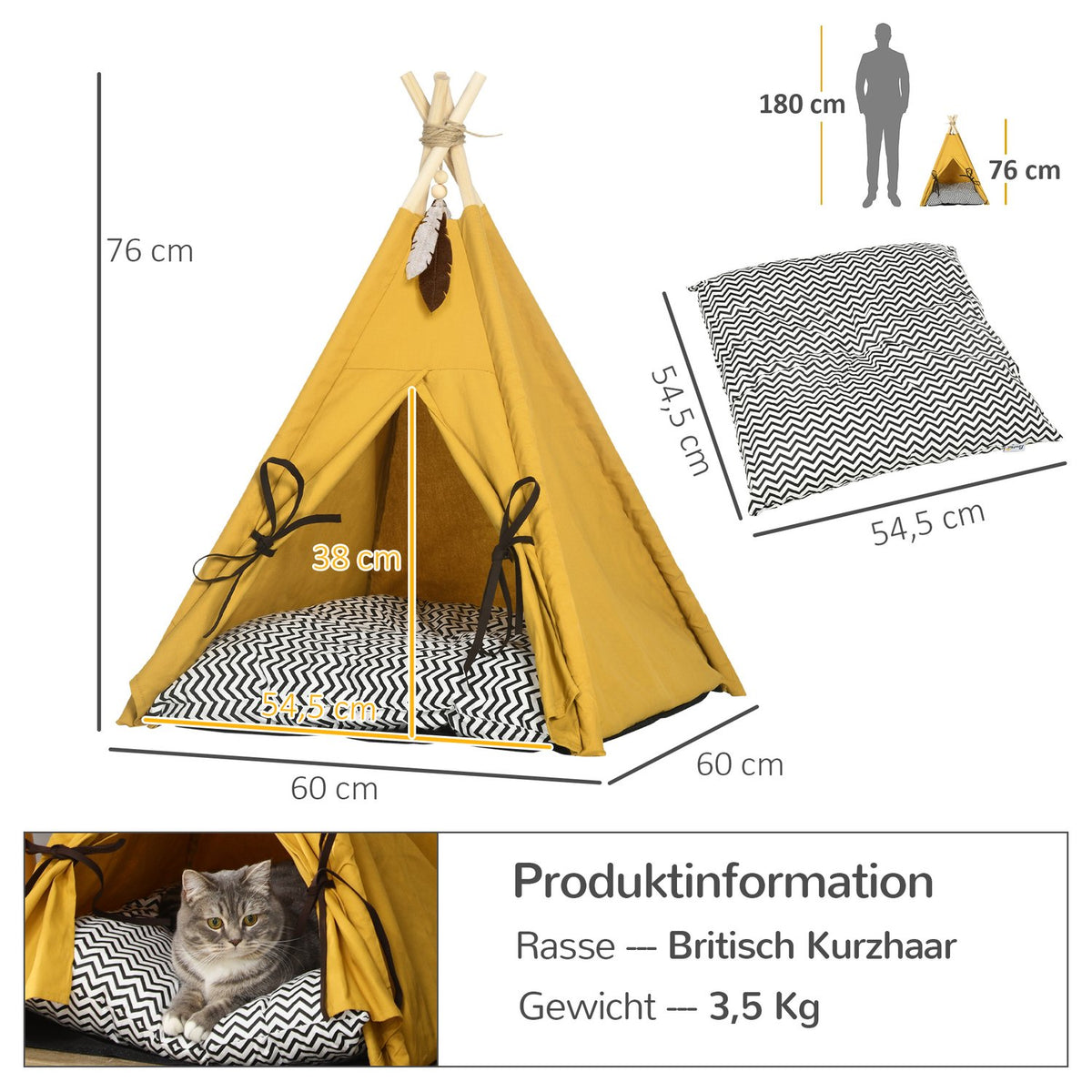 Cat House Tipi Tent Dog Bed With Cushion Non-Slip With Play Ball Made Of Pine Wood Indoor In Yellow