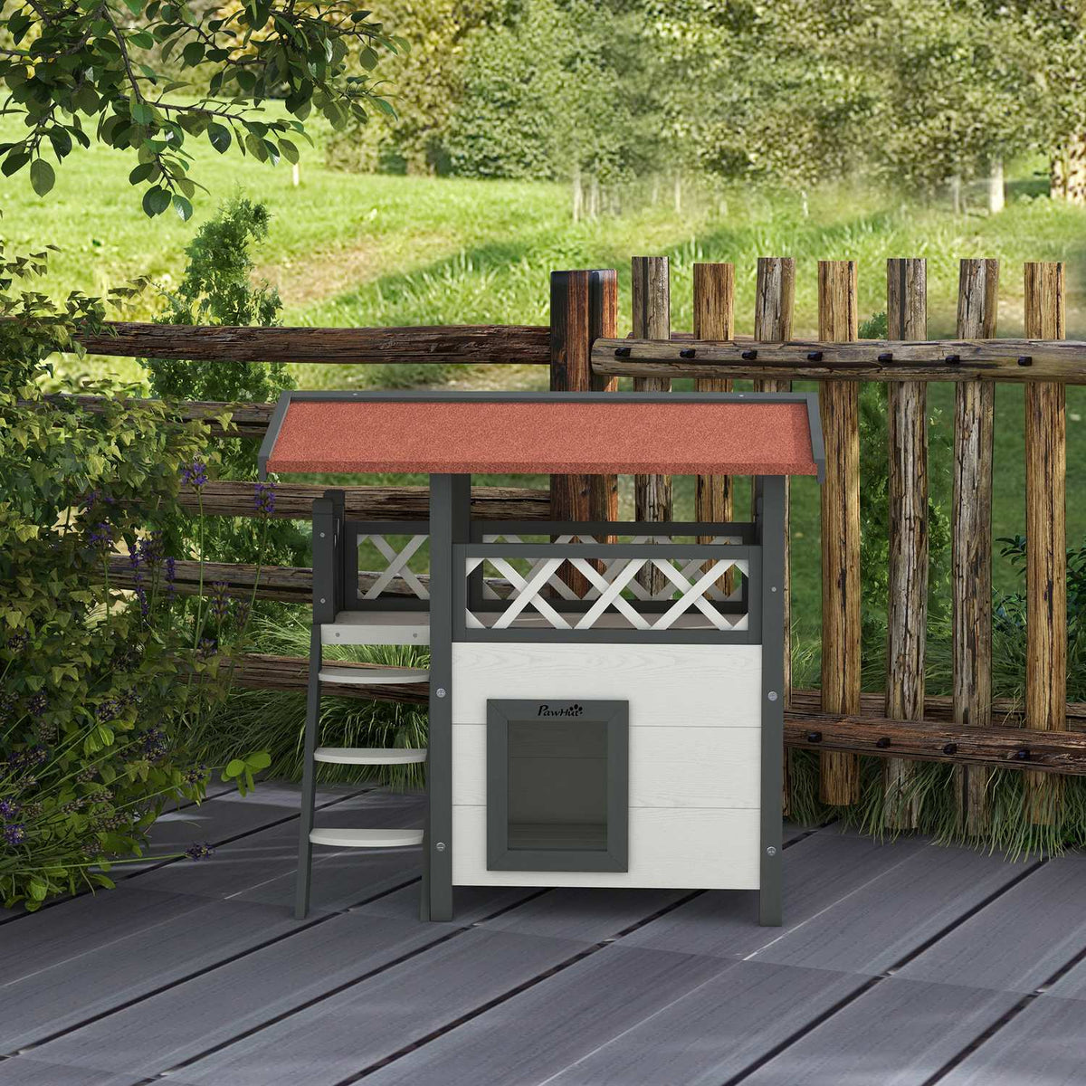 Cat House With Asphalt Roof, 2-Tier Cat House With Balcony, Cat Villa With Stairs, Solid Wood, White, 77 X 50 X 73 Cm