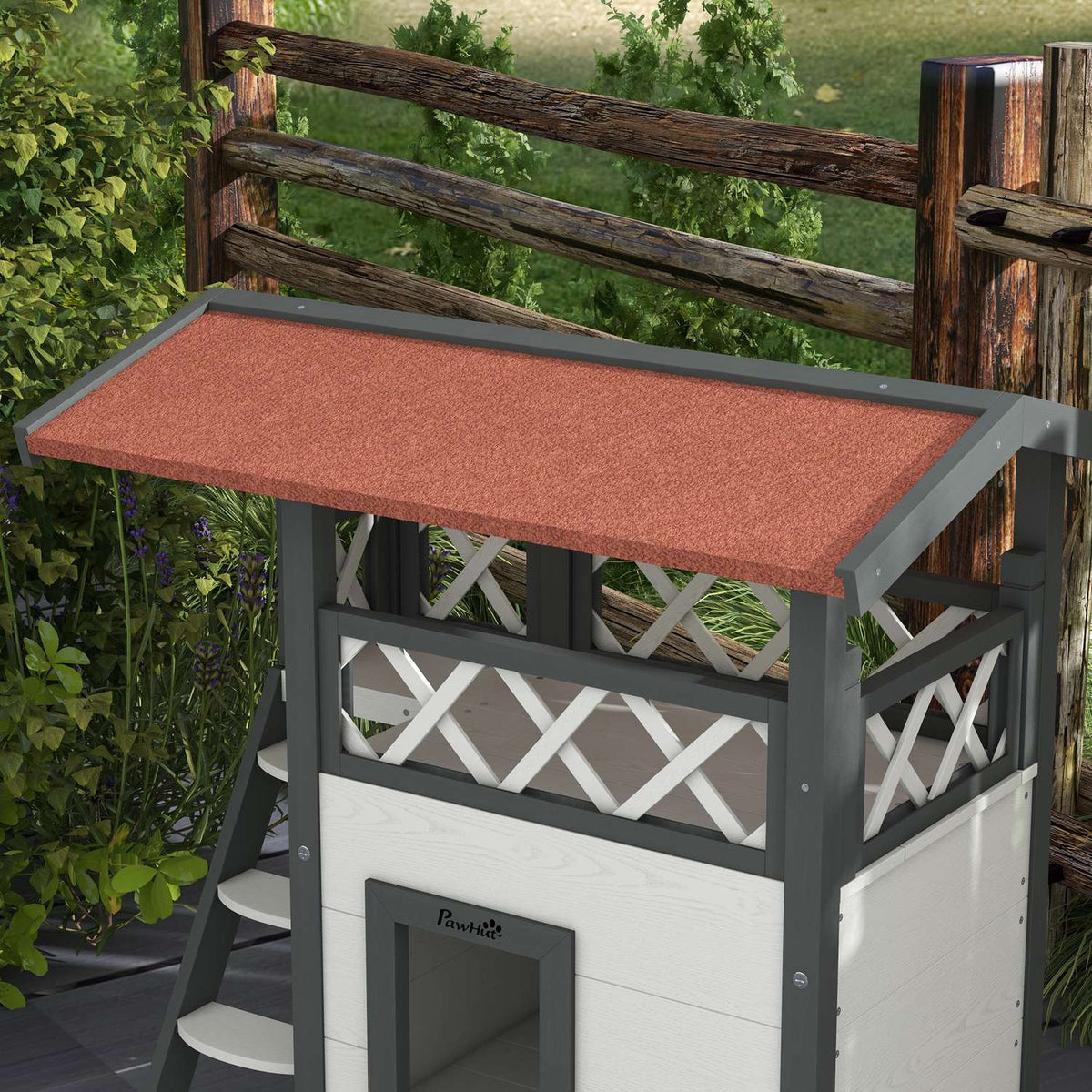 Cat House With Asphalt Roof, 2-Tier Cat House With Balcony, Cat Villa With Stairs, Solid Wood, White, 77 X 50 X 73 Cm